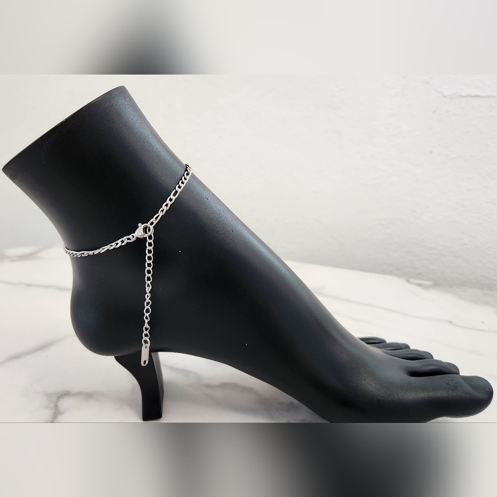 Stainless Steel Silver Figaro Chain Anklet Bracelet - Picture 6 of 12